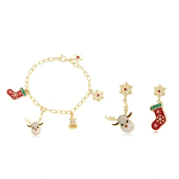 Christmas Bracelet and Earrings Set 14k Gold Christmas Deer Socks - Picture 5 of 13